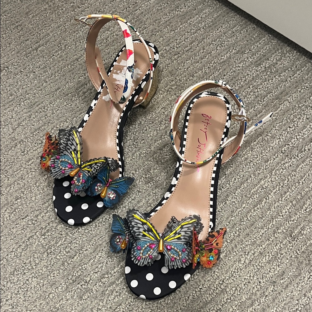 Betsey Johnson sz8.5 
Black Polka Dot Sandals with Colorful Butterflies
NWOT